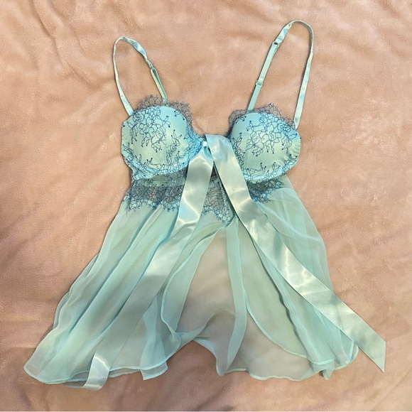 Victoria’s Secret Blue Lace Push Up Bra Bow Tie Babydoll Baby Doll - Picture 2 of 4